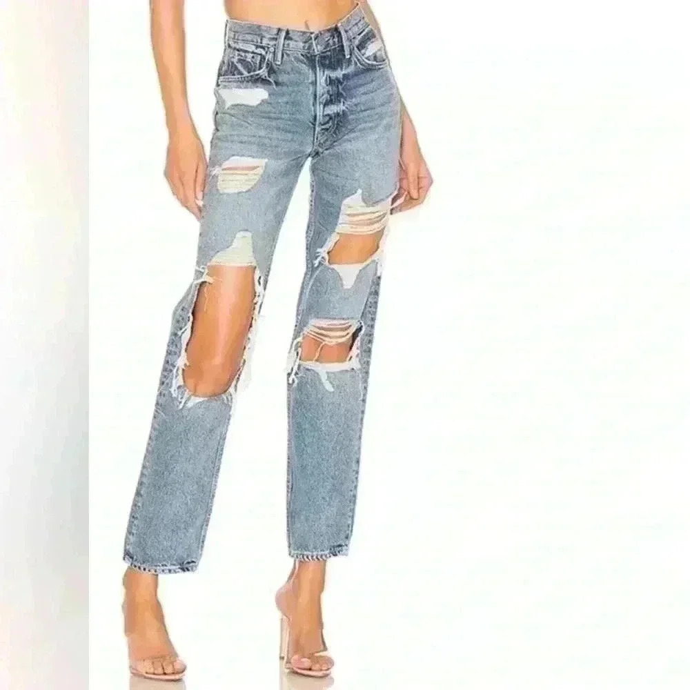 Grlfrnd Helena Straight Jeans Women's‎ 25 Blue High Rise Button Fly Distressed - Picture 2 of 14